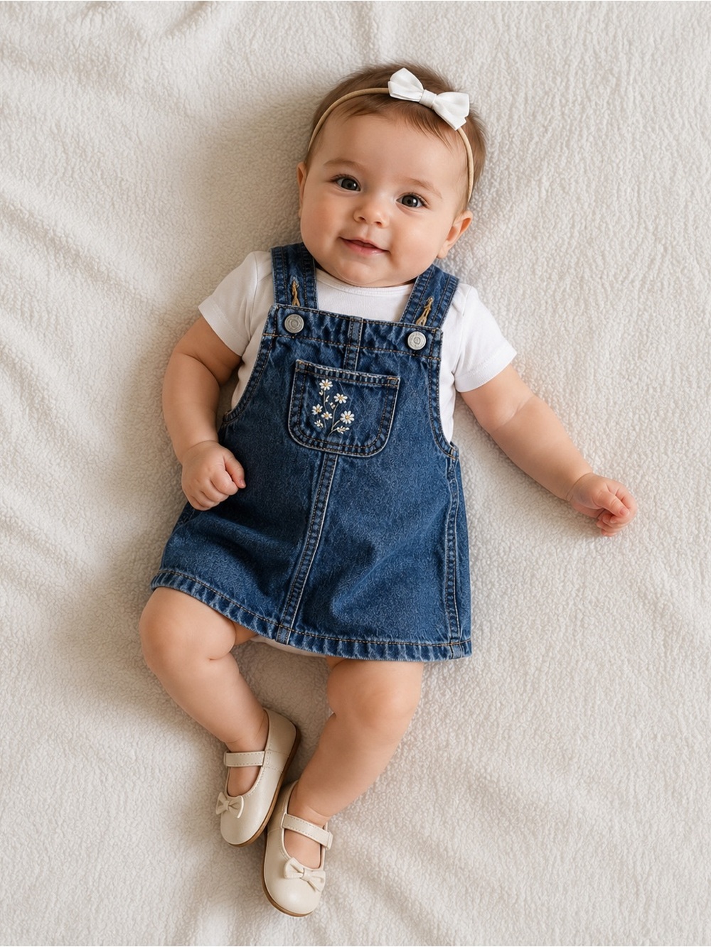 3/$25 Old Navy Baby Girl Denim Overall Jumper Dress Embroidered Daisies 3-6M